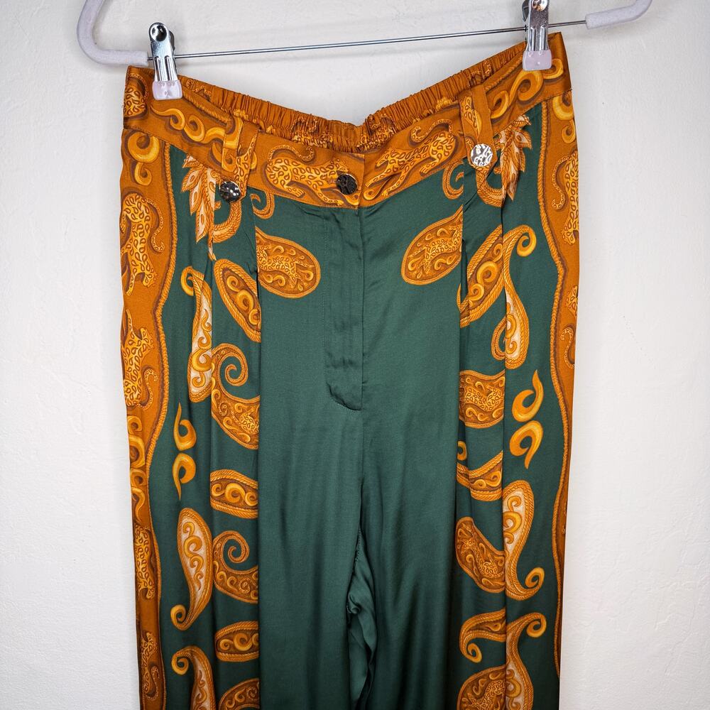 NWT Anthropologie Farm Rio Printed Wide Leg Green Gold Cheetah Satin Pants Med - Picture 4 of 15